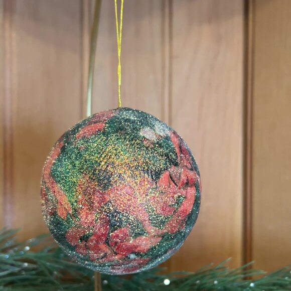 Handcrafted Glittered Beaded Floral Foam Christmas Ornament 3 Inches Red & Green - Picture 3 of 3